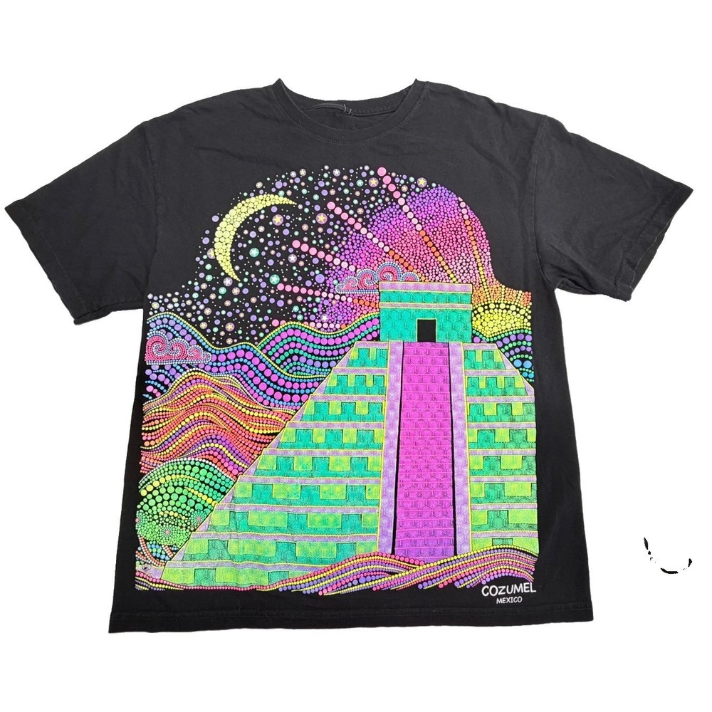 Cozumel Mexico Chichen Itza Neon Dot Art Graphic T-Shirt Black Adult Large